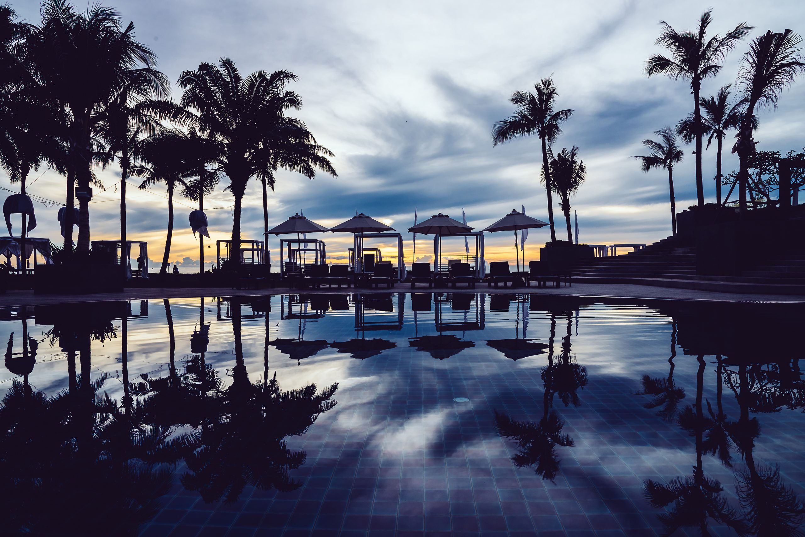 Palm trees and parasol at sunset